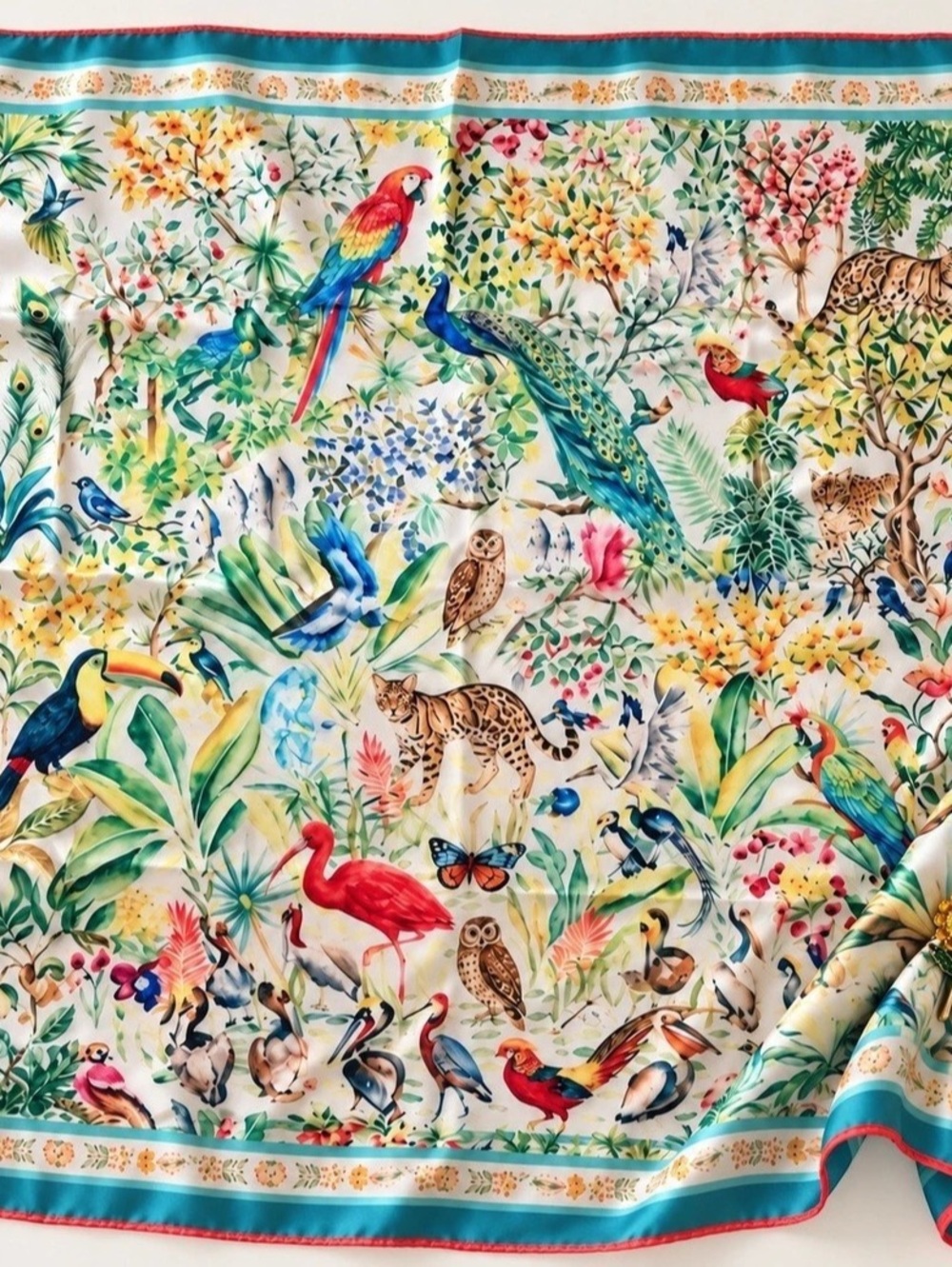 Colorful Tropical Jungle Animals Print Scarf with Jeweled Sunflower Pin